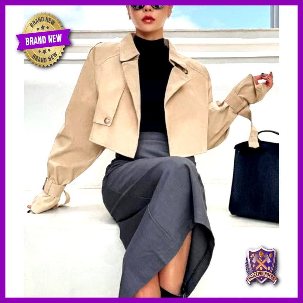 Cropped Trench Coat Classic Double-Breasted Lapel Y2K Chic Casual Outerwear - Picture 4 of 7